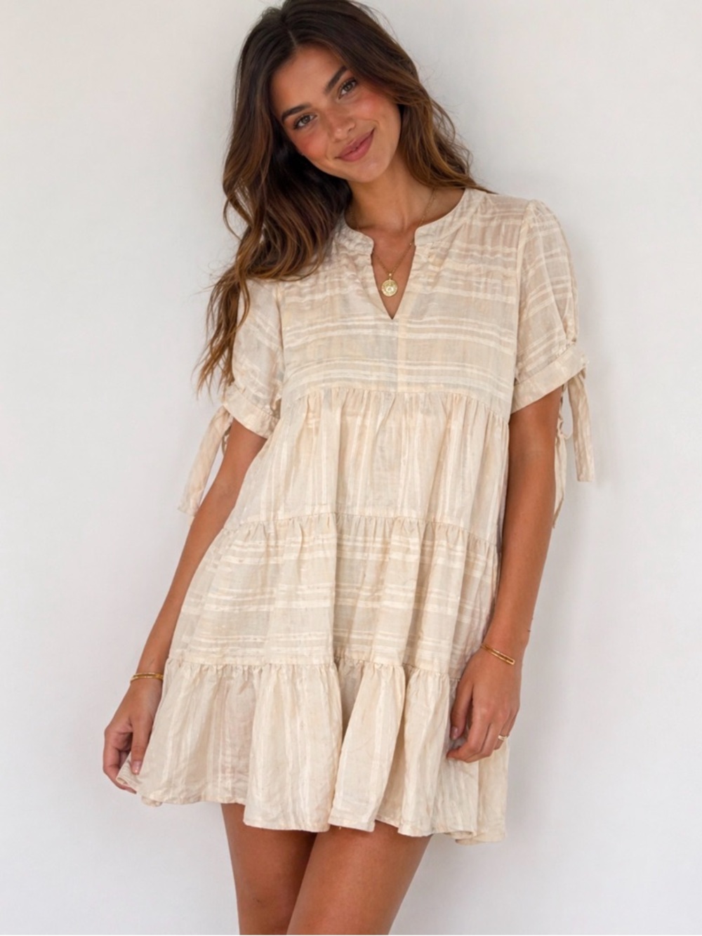 Altar'd State Cream Textured Short Sleeve Dress